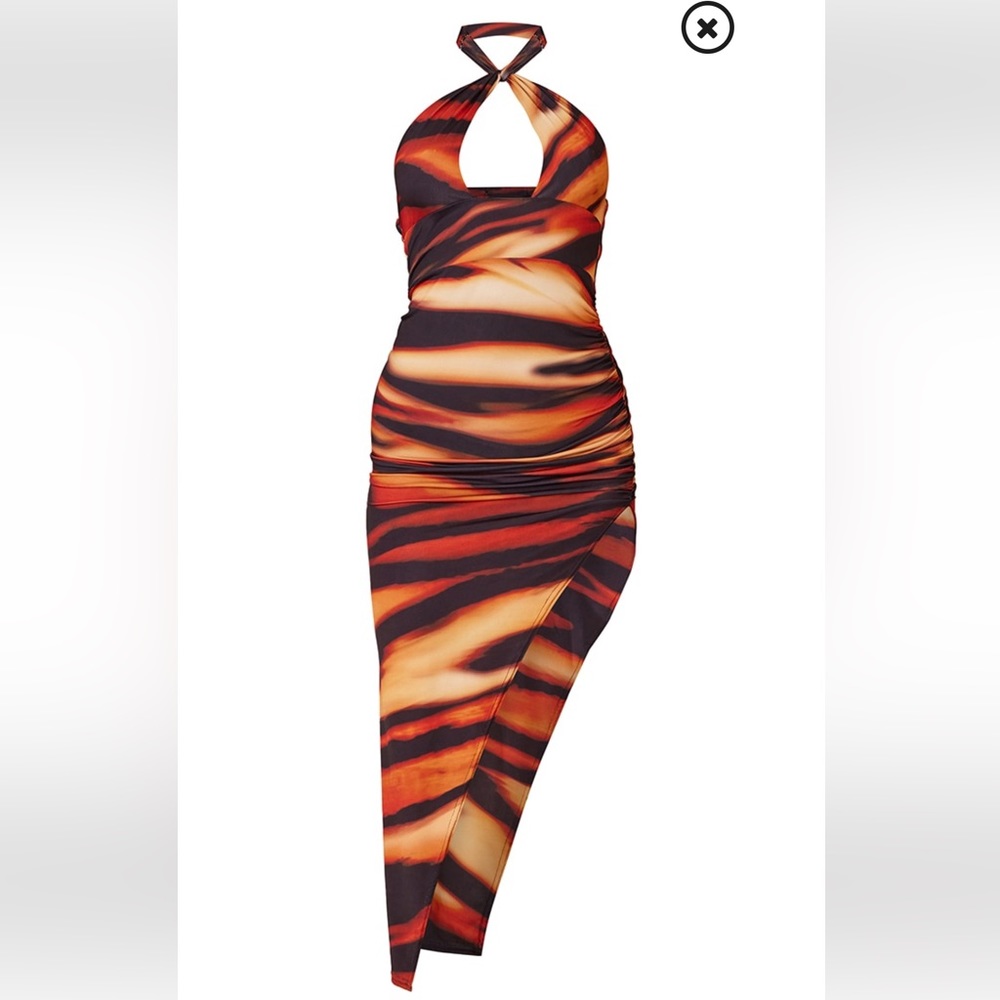 Brown Blurred Tiger Print Slinky Halterneck Midas Dress
